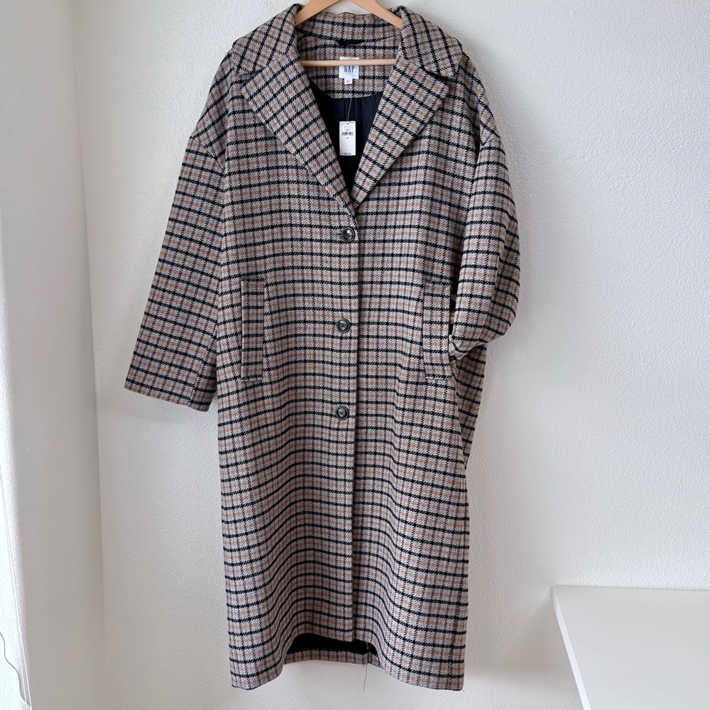 GAP NWT-Oversized Wool Blend Plaid Long Line Coat-Gray/Black/Tan-Women’s Size XL
